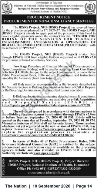 Newspaper clipping: NIH / IDSRS Tender: Turnkey Digital Telemedicine Ecosystem (Pilot Phase) – Procurement of Non-Consultancy Services (Ref P97228), The Nation, 10 Sep 2026