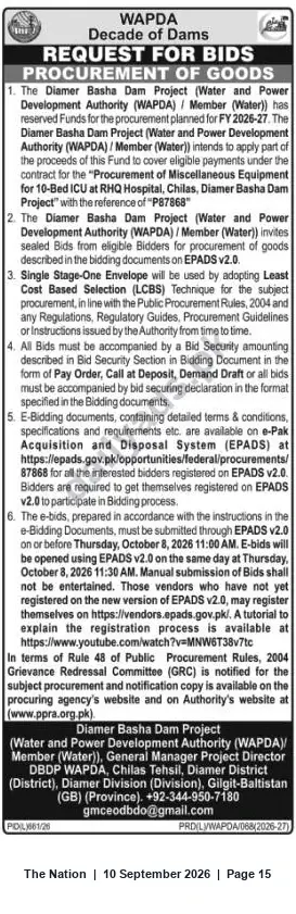 Newspaper clipping: WAPDA Tender: Miscellaneous Equipment for 10‑Bed ICU at Chilas (Diamer Basha Dam Project), The Nation, 10 Sep 2026