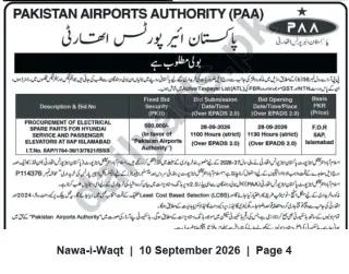 Newspaper clipping: PAA Tender: Electrical Spare Parts for Hyundai Service & Passenger Elevators – IAP Islamabad, Nawa-i-Waqt, 10 Sep 2026