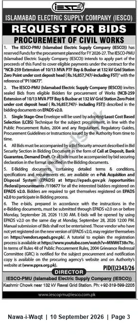 Newspaper clipping: IESCO Request for Bids — Extension of 10/13 MVA PT Bay & Busbar at 132 kV Grid Station Zero Point (NCB-259), Nawa-i-Waqt, 10 Sep 2026