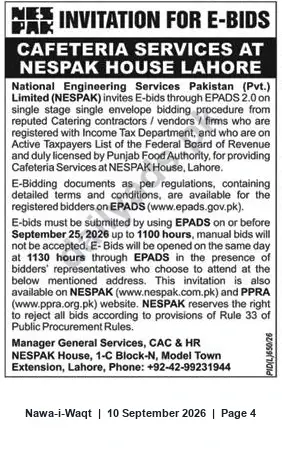 Newspaper clipping: NESPAK E-Bids: Cafeteria Services at NESPAK House Lahore — Closing 2026-09-25, Nawa-i-Waqt, 10 Sep 2026
