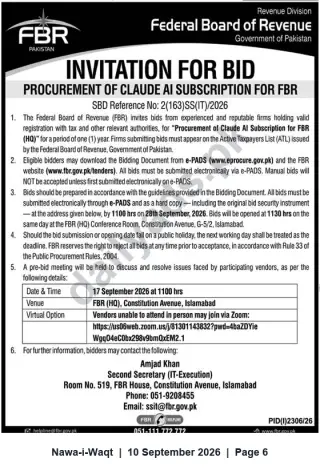Newspaper clipping: FBR Tender: Procurement of Claude AI Subscription (1‑Year) — Bid by 2026-09-28, Nawa-i-Waqt, 10 Sep 2026