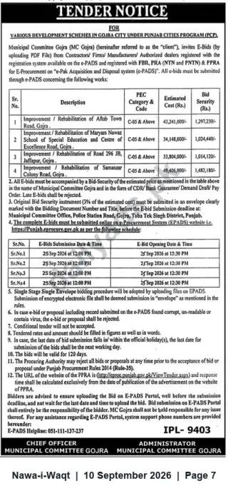 Newspaper clipping: Tender: Various Development Schemes in Gojra City — Municipal Committee Gojra, Nawa-i-Waqt, 10 Sep 2026