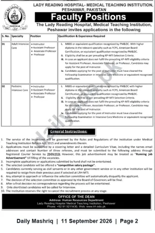 Newspaper clipping: Faculty Positions – Adult & Pediatric Intensive Care at Lady Reading Hospital, Peshawar, Daily Mashriq, 11 Sep 2026