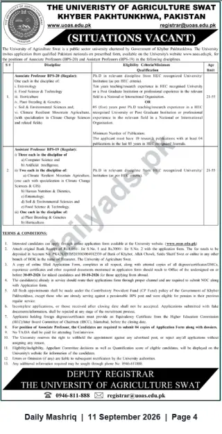 Newspaper clipping: University of Agriculture Swat – Associate & Assistant Professors (BPS-20 / BPS-19), Daily Mashriq, 11 Sep 2026