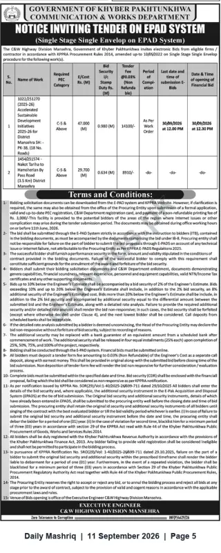 Newspaper clipping: C&W Highway Division Mansehra - Tender Notice for Road Development Works (PK-38 & Nakot-Tariha), Daily Mashriq, 11 Sep 2026