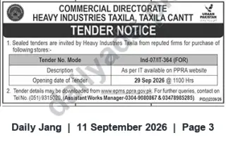 Newspaper clipping: Tender: Purchase of Stores — Heavy Industries Taxila (Tender No. Ind-07/IT-364), Jang, 11 Sep 2026