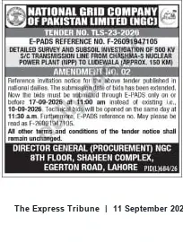 Newspaper clipping: NGC Tender TLS-23-2020 Amendment — Survey & Subsoil Investigation (500 kV) — Deadline 2026-09-17, The Express Tribune, 11 Sep 2026