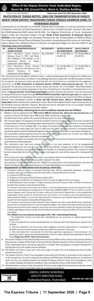 Newspaper clipping: Tender 2026: Transportation of PASSCO Wheat from Naushahro Feroze to Hyderabad Region (Sindh), The Express Tribune, 11 Sep 2026