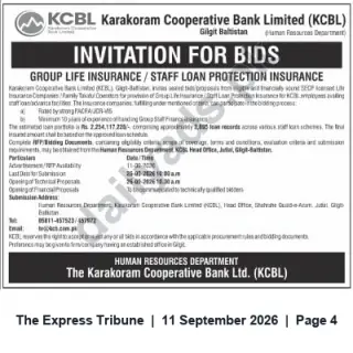 Newspaper clipping: Karakoram Cooperative Bank (KCBL) Invitation for Bids – Group Life / Staff Loan Protection Insurance, The Express Tribune, 11 Sep 2026