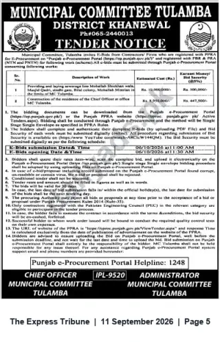 Newspaper clipping: Municipal Committee Tulamba Tender Notice – Sewerage Works & Chief Officer Residence Construction, The Express Tribune, 11 Sep 2026