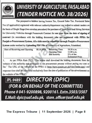 Newspaper clipping: Tender No. 38/2026 — Spare Parts & Vehicle Hiring Services (Framework Contract) — University of Agriculture Faisalabad, The Express Tribune, 11 Sep 2026