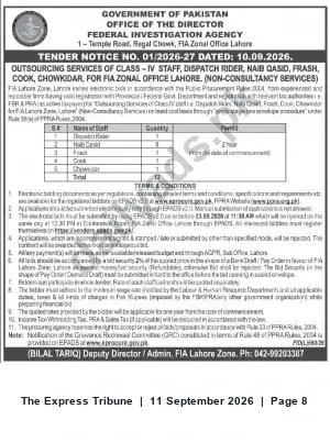 Newspaper clipping: FIA Lahore Tender: Outsourcing Class-IV Staff & Support Services (Tender No. 01/2026-27), The Express Tribune, 11 Sep 2026