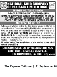 Newspaper clipping: NGC Tender TLS-23-2026: Detailed Survey & Subsoil Investigation — Chashma-5 NPP to Ludewala (500 kV, ~150 km) — Submission Extended, The Express Tribune, 11 Sep 2026