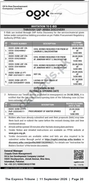Newspaper clipping: OGDCL Invitation to E-Bid via SAP‑Ariba — Civil Works and Pipeline/Hot‑Oil Jobs, The Express Tribune, 11 Sep 2026