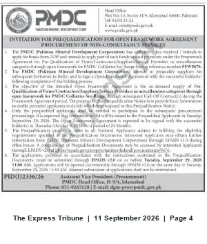 Newspaper clipping: PMDC Invitation for Prequalification — Open Framework Agreement for Non‑Consultancy Services (Islamabad), The Express Tribune, 11 Sep 2026