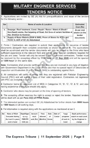 Newspaper clipping: MES Tender Notice — Pre-qualification & Tender Issuance by GE (A) Abbottabad (Closing 2026-09-21), The Express Tribune, 11 Sep 2026