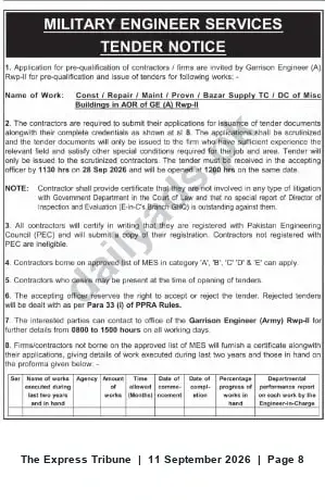 Newspaper clipping: MES Tender — Pre-qualification for Construction/Repair of Mess Buildings in AOR of GE (A) Rawalpindi-II, The Express Tribune, 11 Sep 2026