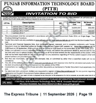 Newspaper clipping: PITB Invitation to Bid — Procurement of Laptops (ITOPS-08), The Express Tribune, 11 Sep 2026
