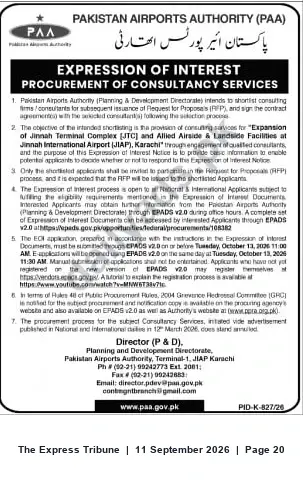 Newspaper clipping: PAA EOI: Consultancy for Expansion of Jinnah Terminal Complex, JIAP Karachi, The Express Tribune, 11 Sep 2026