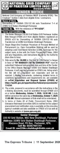 Newspaper clipping: NGC Tender: Dismantling of 160 MVA 220/132 kV Auto Transformer T-4 — Shahibagh, Peshawar, The Express Tribune, 11 Sep 2026