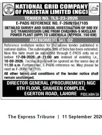 Newspaper clipping: NGC Tender TLS-23-2026 — Detailed Survey & Subsoil Investigation; Submission Deadline Extended to 2026-09-17, The Express Tribune, 11 Sep 2026