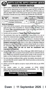 Newspaper clipping: QESCO Tender Notice — Quetta Electric Supply Company, Dawn, 11 Sep 2026