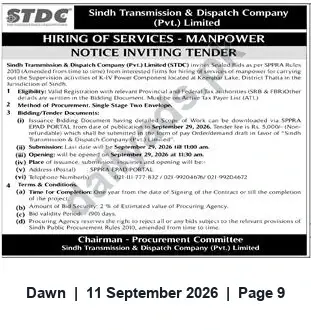 Newspaper clipping: Tender — Hiring of Manpower Services for K‑IV Supervision (STDC), Dawn, 11 Sep 2026