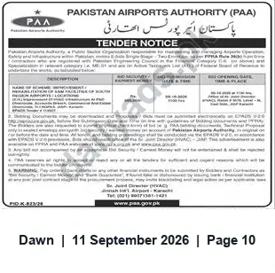 Newspaper clipping: Pakistan Airports Authority Tender — Rehabilitation of BAM Facilities (Jinnah Int. Airport, Karachi), Dawn, 11 Sep 2026