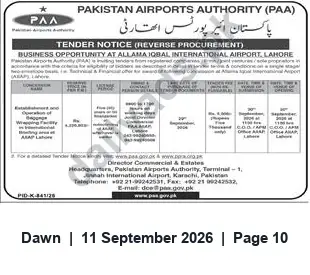 Newspaper clipping: PAA Tender: Business Opportunity at Allama Iqbal International Airport, Lahore, Dawn, 11 Sep 2026