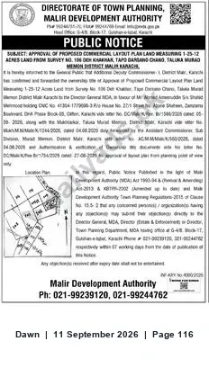 Newspaper clipping: Malir Development Authority Approves Commercial Layout Plan — Survey No. 106 (1-25-12 acres), Dawn, 11 Sep 2026