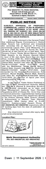 Newspaper clipping: Public Notice: Approval of Proposed Commercial Layout Plan – Malir (9.23 Acres), Dawn, 11 Sep 2026