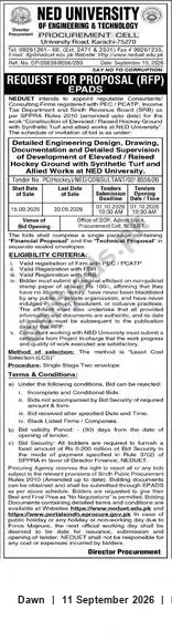 Newspaper clipping: NED University RFP — Detailed Engineering Design & Supervision for Elevated Ground with Synthetic Turf (EPADS), Dawn, 11 Sep 2026