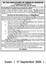 Newspaper clipping: Notice of Petition — JC ML Petition No. 30 of 2025 (High Court of Sindh, Karachi), Dawn, 11 Sep 2026