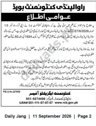 Newspaper clipping: Rawalpindi Cantonment Board — Public Notice: Approval of Draft Rules, Jang, 11 Sep 2026