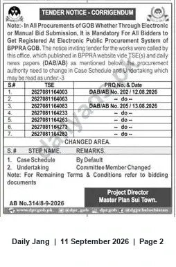 Newspaper clipping: Corrigendum: Tender Notices PRQ 2627081164003–2627081164283 — Master Plan Sul Town, Jang, 11 Sep 2026