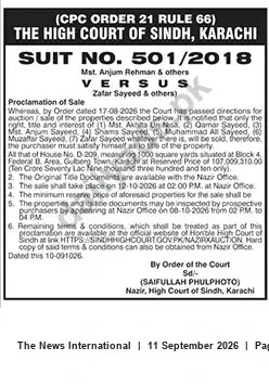 Newspaper clipping: High Court of Sindh (Karachi) Proclamation of Sale — House D-209, Block 4, Federal B. Area, Gulberg Town, The News International, 11 Sep 2026