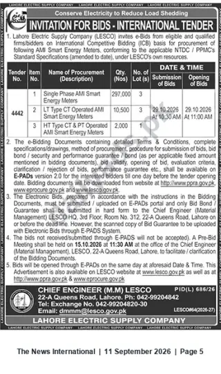 Newspaper clipping: LESCO International Tender for AMI Smart Energy Meters (Single‑Phase, LT CT, HT CT/PT), The News International, 11 Sep 2026