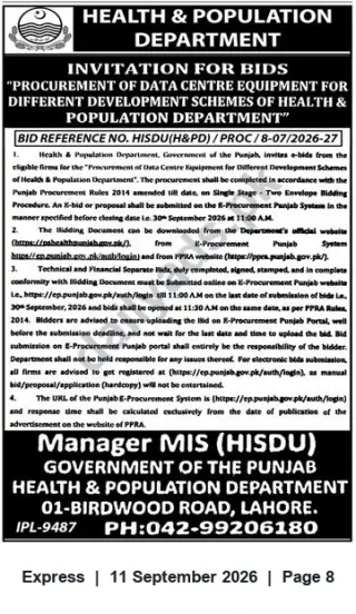 Newspaper clipping: Punjab Health & Population Department Tender: Procurement of Data Centre Equipment (Bid Ref HISDU(H&PD)/PROC/8-07/2026-27), Express, 11 Sep 2026
