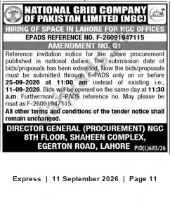 Newspaper clipping: NGC Amendment: Hiring of Office Space in Lahore — Extended E-PADS Deadline (Ref F-26091947115), Express, 11 Sep 2026