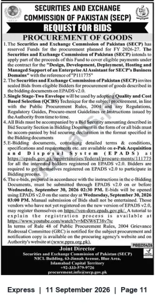 Newspaper clipping: SECP Request for Bids – Design, Development & Managed Support of Enterprise AI Assistant (FY 2026-27), Express, 11 Sep 2026