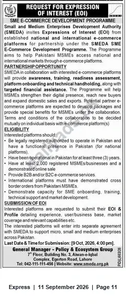 Newspaper clipping: SMEDA Request for Expression of Interest — SME E‑Commerce Development Programme Partnership, Express, 11 Sep 2026
