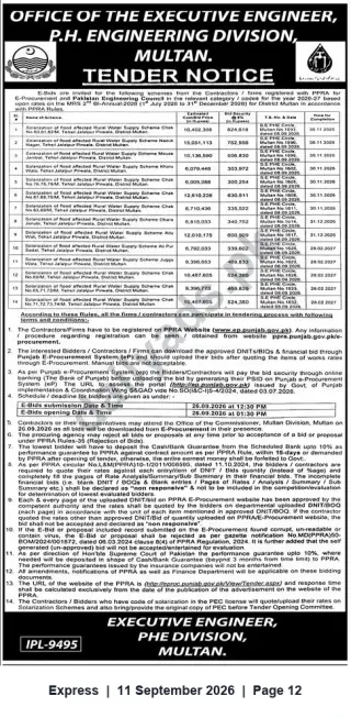 Newspaper clipping: Tender: Solarization of Flood‑Affected Rural Water Supply Schemes — Executive Engineer PHE Division Multan, Express, 11 Sep 2026