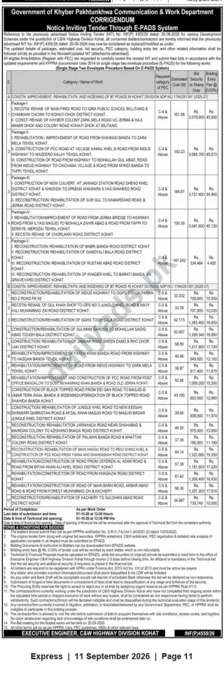 Newspaper clipping: Corrigendum: Tender Invitation via E‑PADS — Road Improvement & Rehabilitation Works, Kohat Division (Govt. of Khyber Pakhtunkhwa), Express, 11 Sep 2026