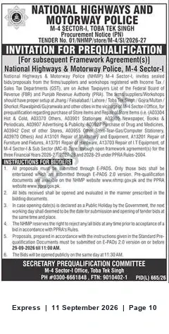 Newspaper clipping: NHMP M-4 Sector‑I (Toba Tek Singh) Prequalification Tender for Stores & Repair Framework Agreements 2026–29, Express, 11 Sep 2026