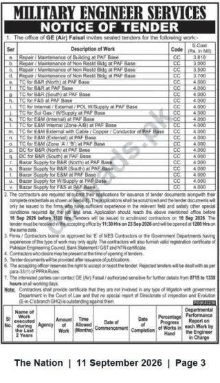 Newspaper clipping: Military Engineer Services (GE (Air) Faisal) – Notice of Tender for Repair, Maintenance & Term Contracts at PAF Base, The Nation, 11 Sep 2026