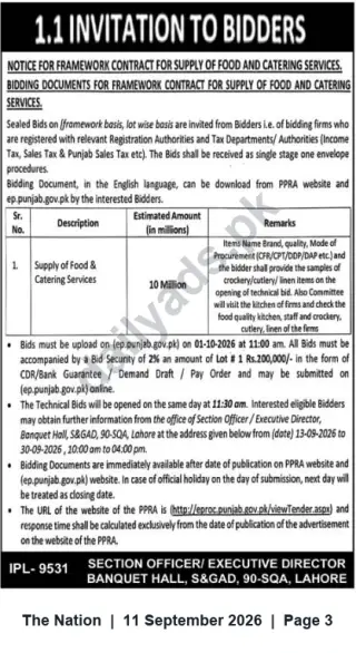 Newspaper clipping: Invitation to Bid — Framework Contract for Supply of Food & Catering Services (Banquet Hall, Lahore), The Nation, 11 Sep 2026