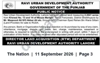 Newspaper clipping: Public Notice: 2.204 Acres Offered for Sale to RUDA — Mauza Maripar, Sheikhupura, The Nation, 11 Sep 2026