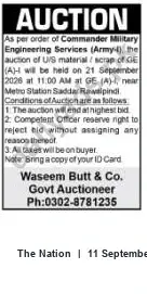 Newspaper clipping: Army Auction: U/S Material/Scrap at GE (A)4, Saddar Rawalpindi — 2026-09-21, The Nation, 11 Sep 2026