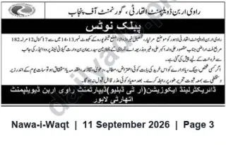 Newspaper clipping: Ravi Urban Development Authority (Government of Punjab) — Public Notice, Nawa-i-Waqt, 11 Sep 2026